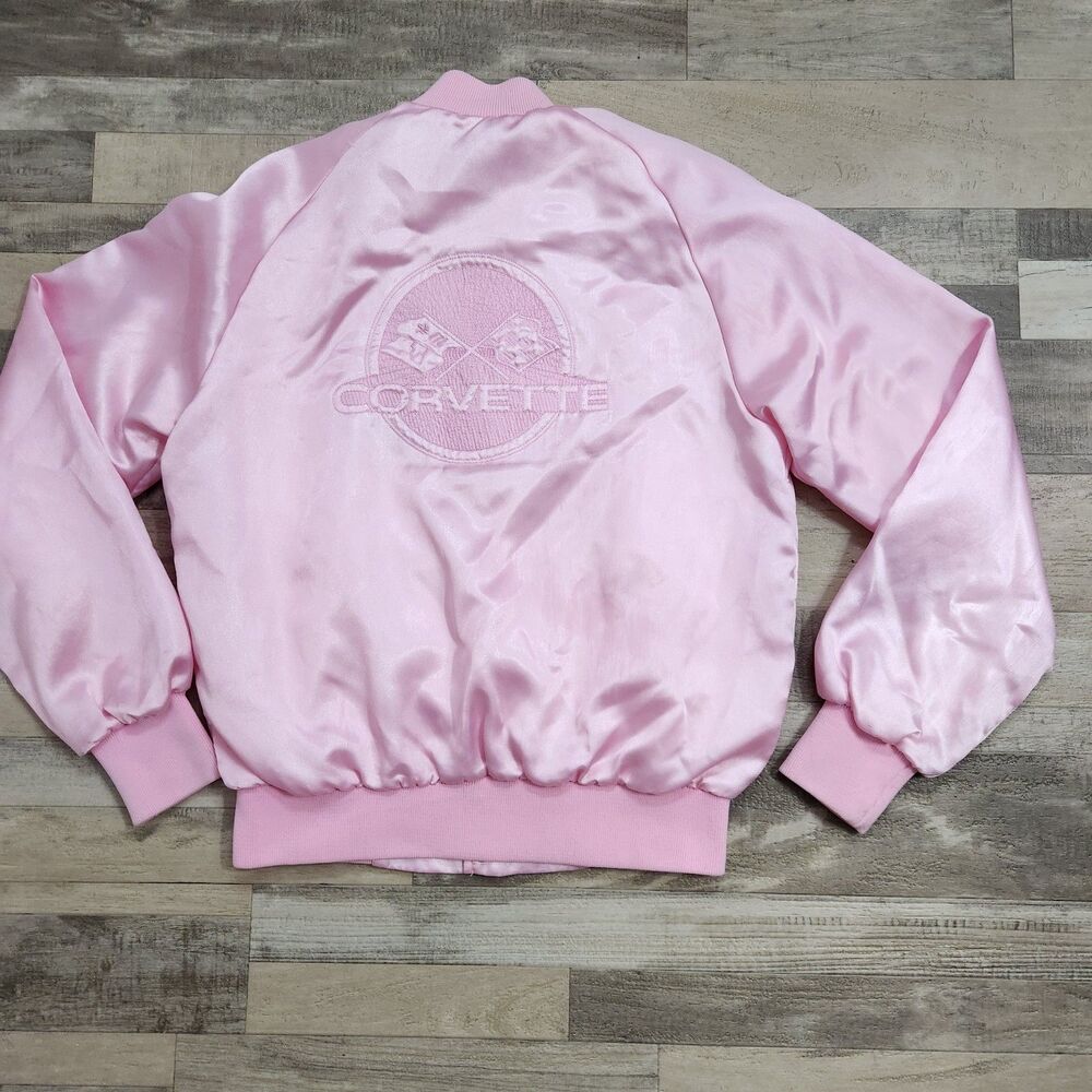 Vintage Westark Pink Satin Corvette Bomber Jacket Womens S Embroidered USA Made